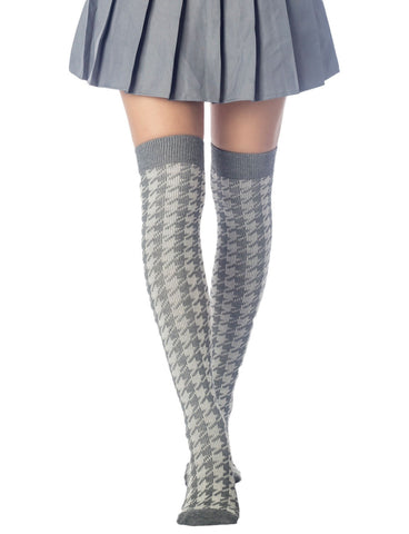 iB-iP Women's Houndstooth Pattern Stylish Solid Color Hold-up Thigh High Casual Long Socks