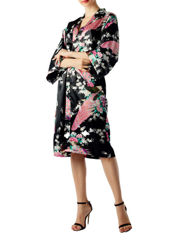 iB-iP Women's Peacock And Plum Blossom Fashion Japanese Kimono Style Midi Robe