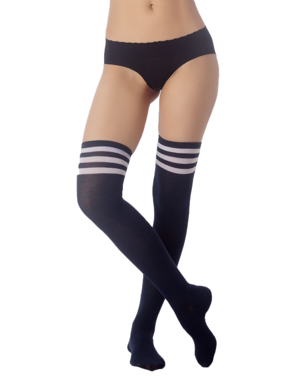 Women's Navy Stripes Sports Football Style Hold-up Thigh High Long Socks