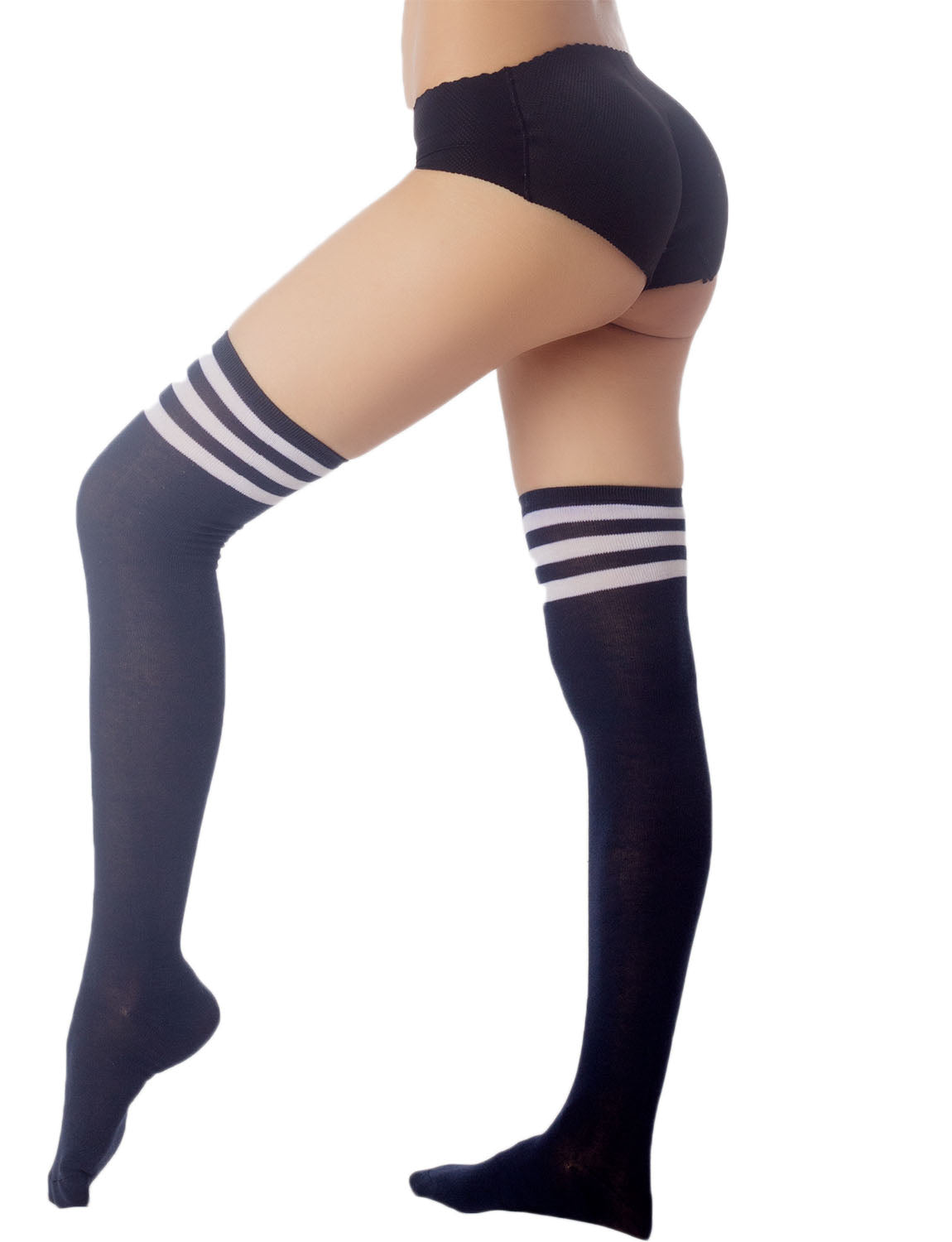 Women's Navy Stripes Sports Football Style Hold-up Thigh High Long Socks
