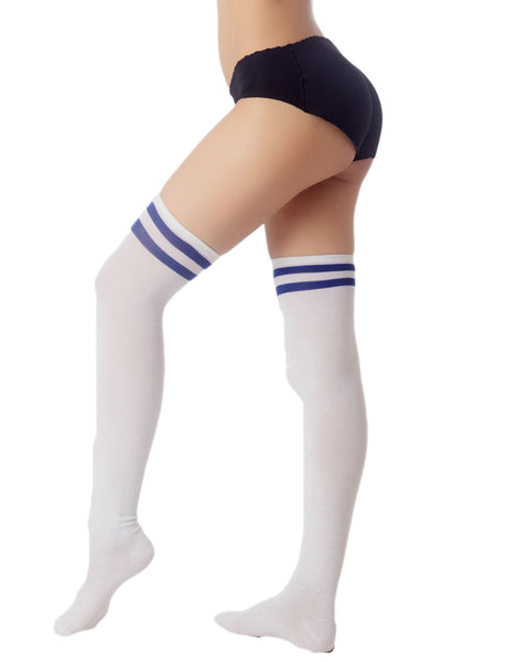 Women's Navy Stripes Sports Football Style Hold-up Thigh High Long Socks