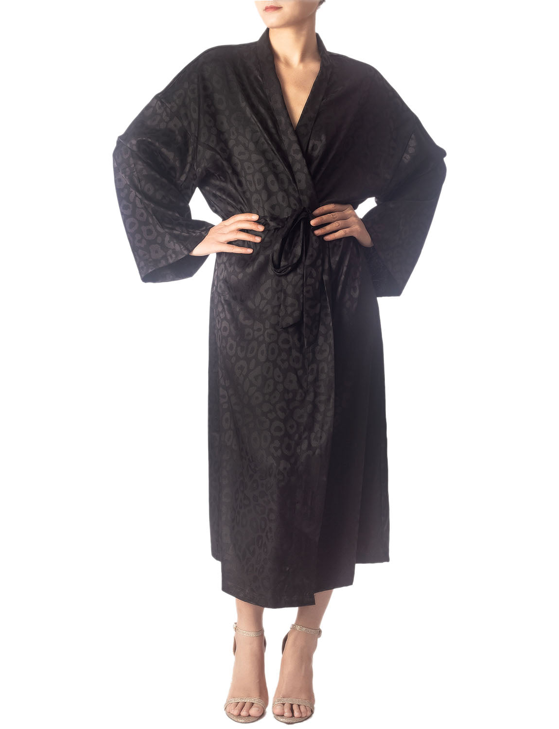 Women's Dark Leopard Patterned Long Sleeve Fashion Stylish Long Robe