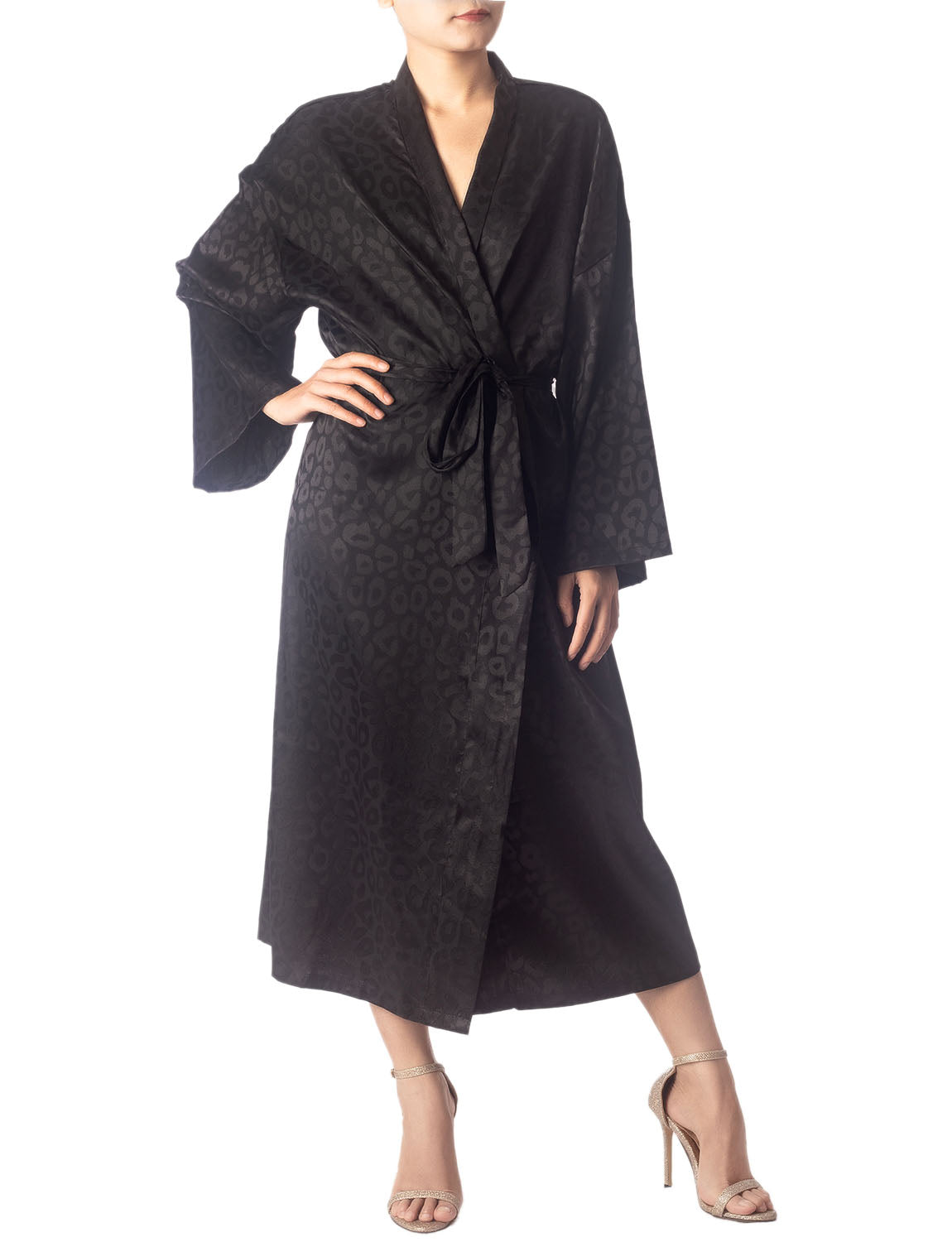 Women's Dark Leopard Patterned Long Sleeve Fashion Stylish Long Robe