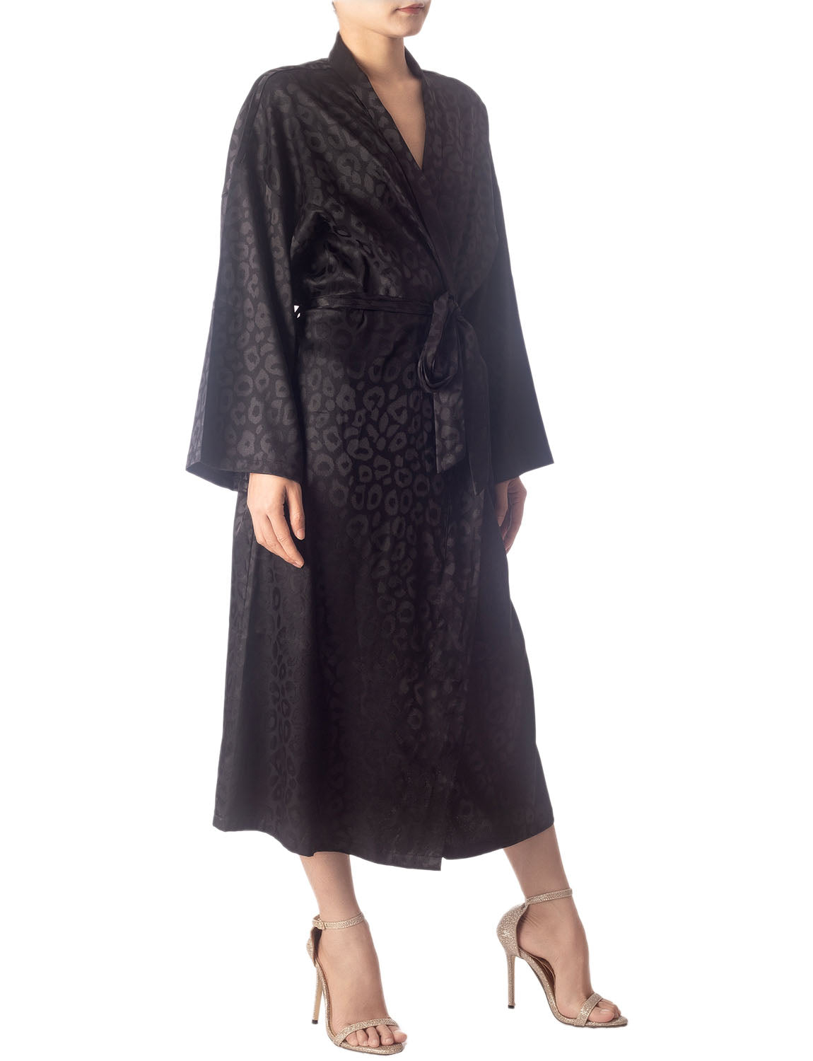 Women's Dark Leopard Patterned Long Sleeve Fashion Stylish Long Robe