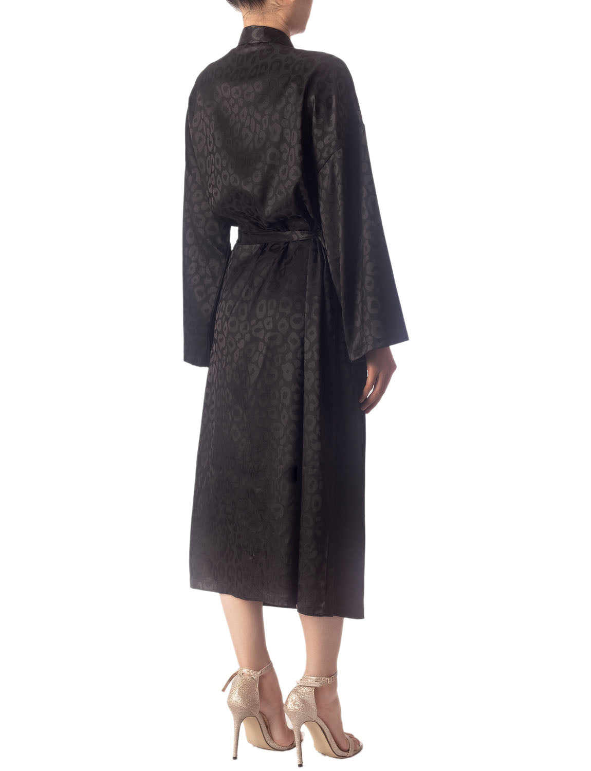 Women's Dark Leopard Patterned Long Sleeve Fashion Stylish Long Robe