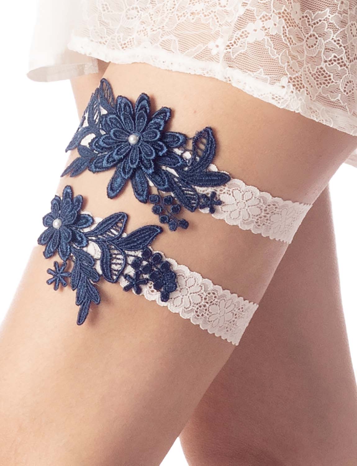 Women's Satin White Wedding Bridal Embroidery Eyelet Lace Stretchy Garter