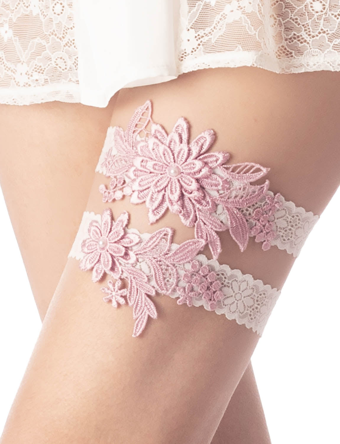 Women's Satin White Wedding Bridal Embroidery Eyelet Lace Stretchy Garter