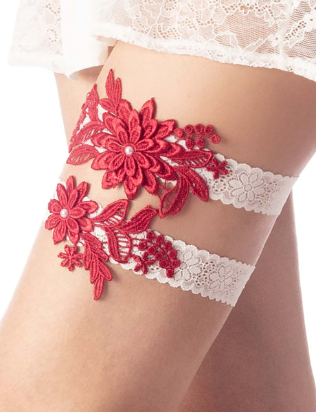 Women's Satin White Wedding Bridal Embroidery Eyelet Lace Stretchy Garter