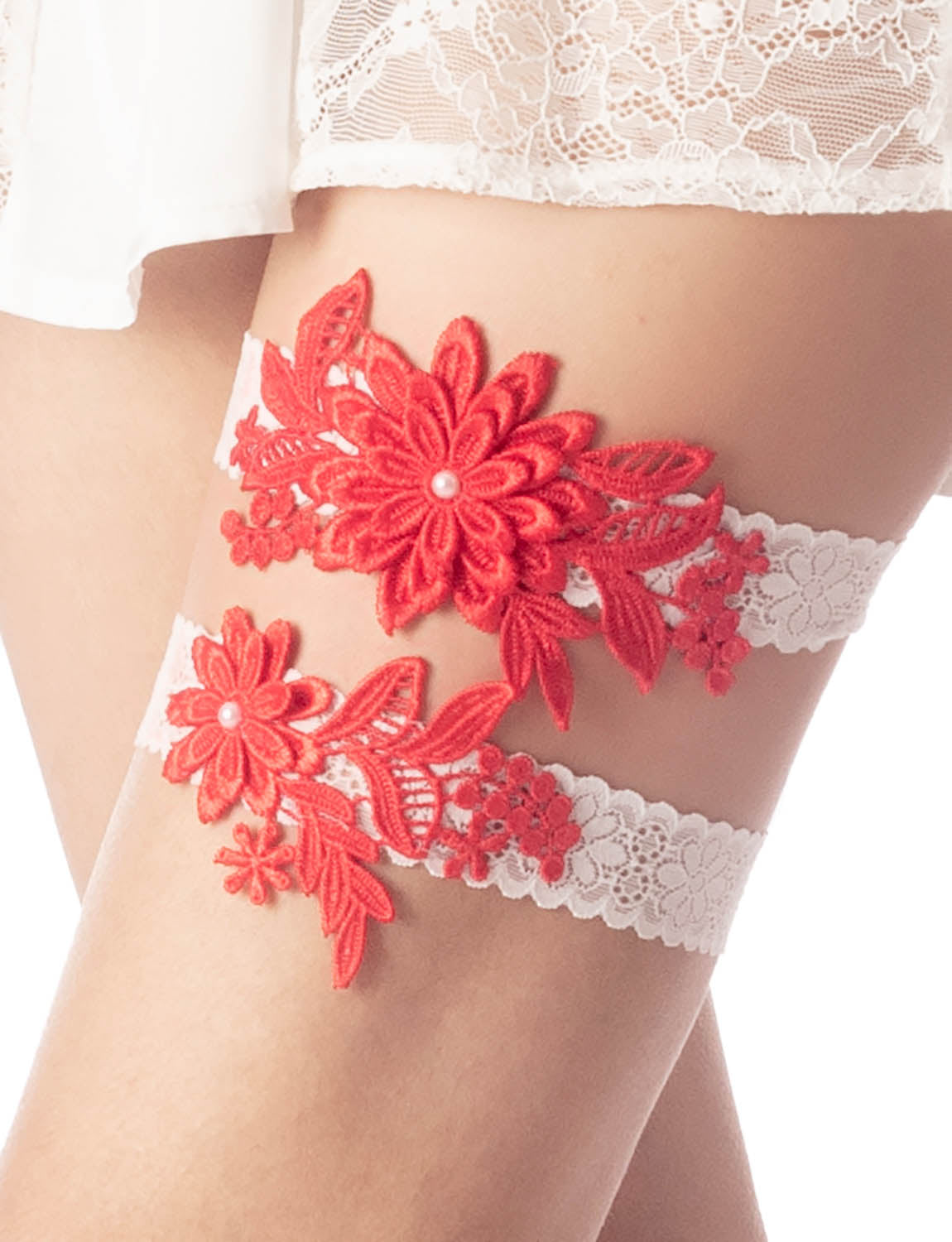 Women's Satin White Wedding Bridal Embroidery Eyelet Lace Stretchy Garter
