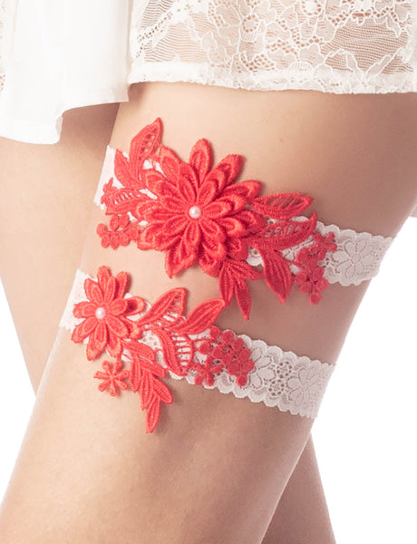 Women's Satin White Wedding Bridal Embroidery Eyelet Lace Stretchy Garter