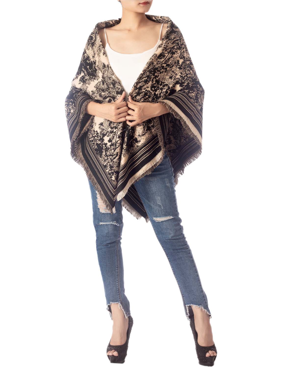 Women's Warm Fringe Tassel Animal Print Oversized Large Wrap Scarf