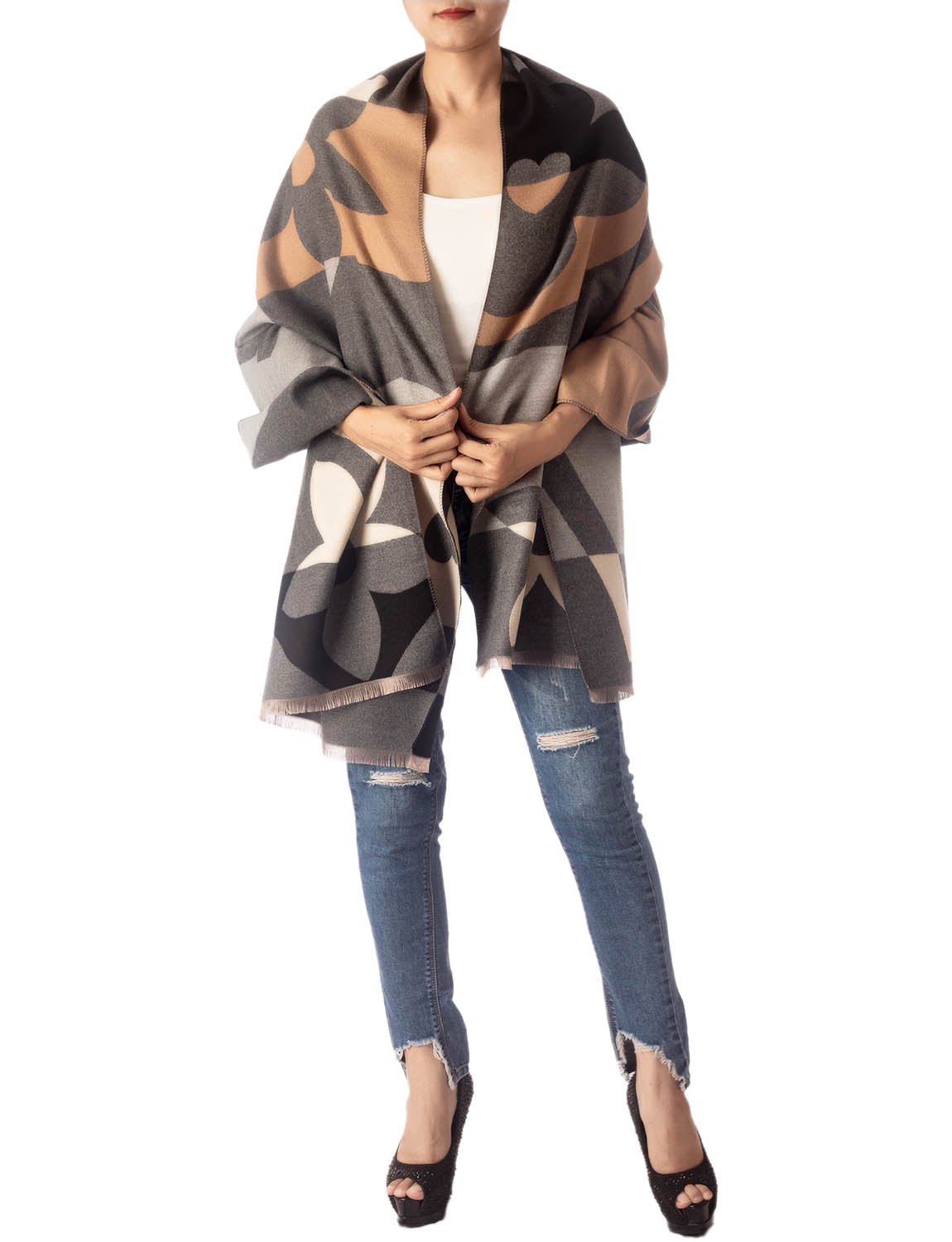 Women's Fringe Tassel Warm Oversized Large Checkered Wrap Scarf