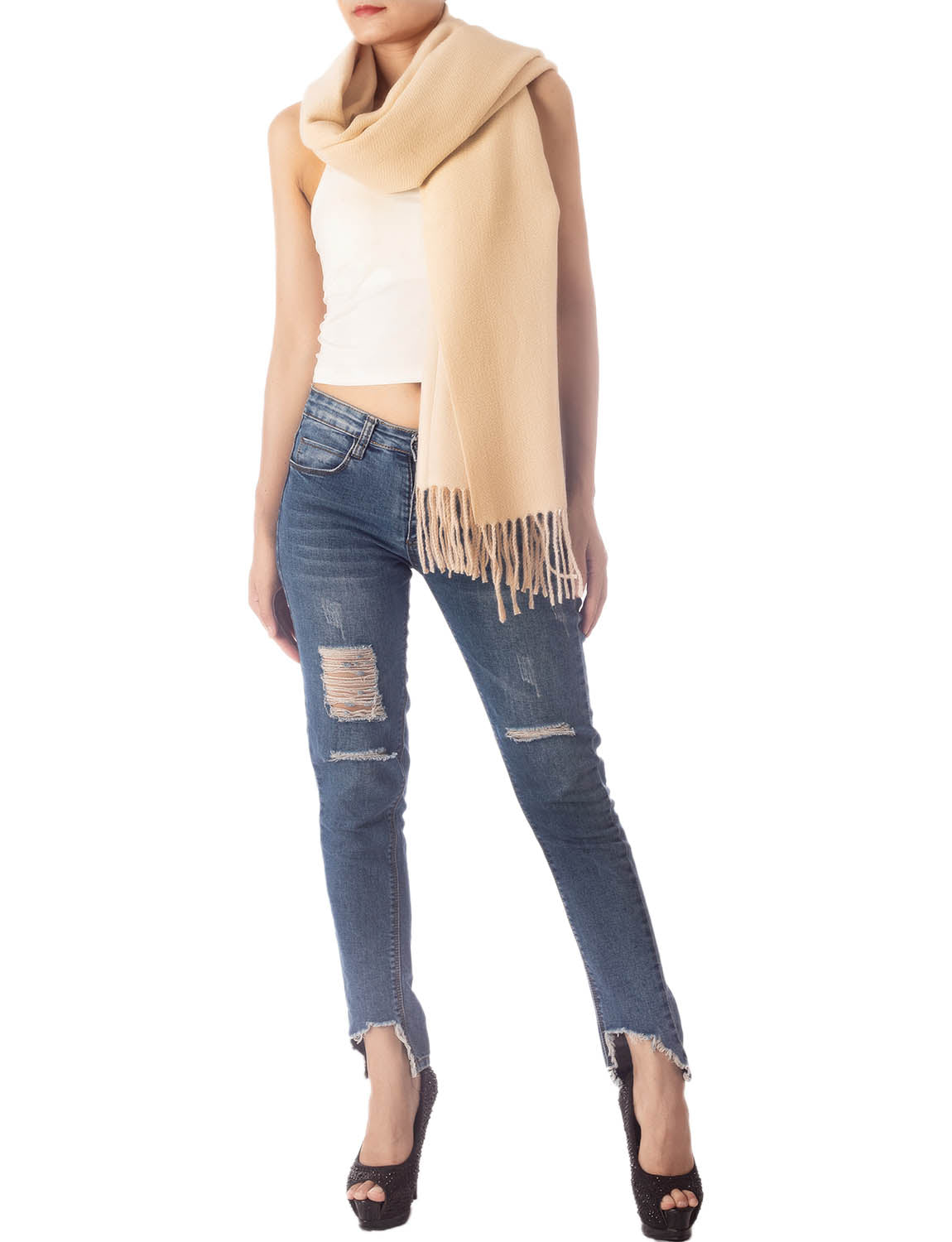 Women's Fringe Tassel Warm Oversized Large Plain Pattern Wrap Scarf