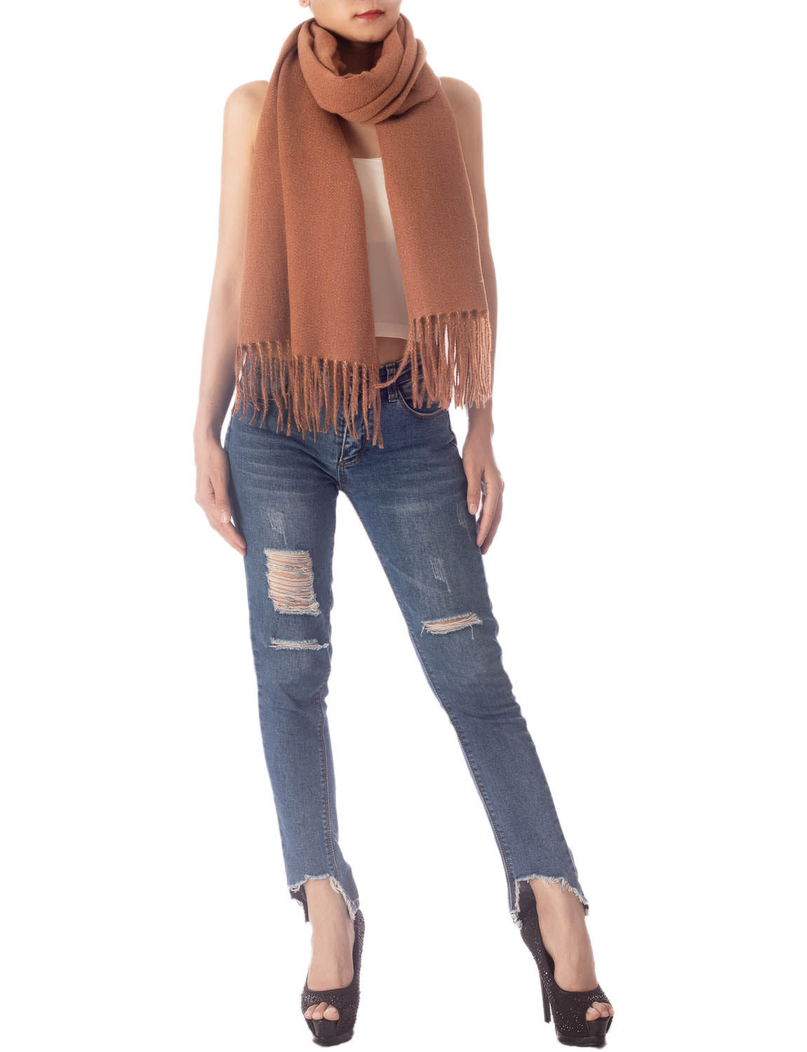 Women's Fringe Tassel Warm Oversized Large Plain Pattern Wrap Scarf