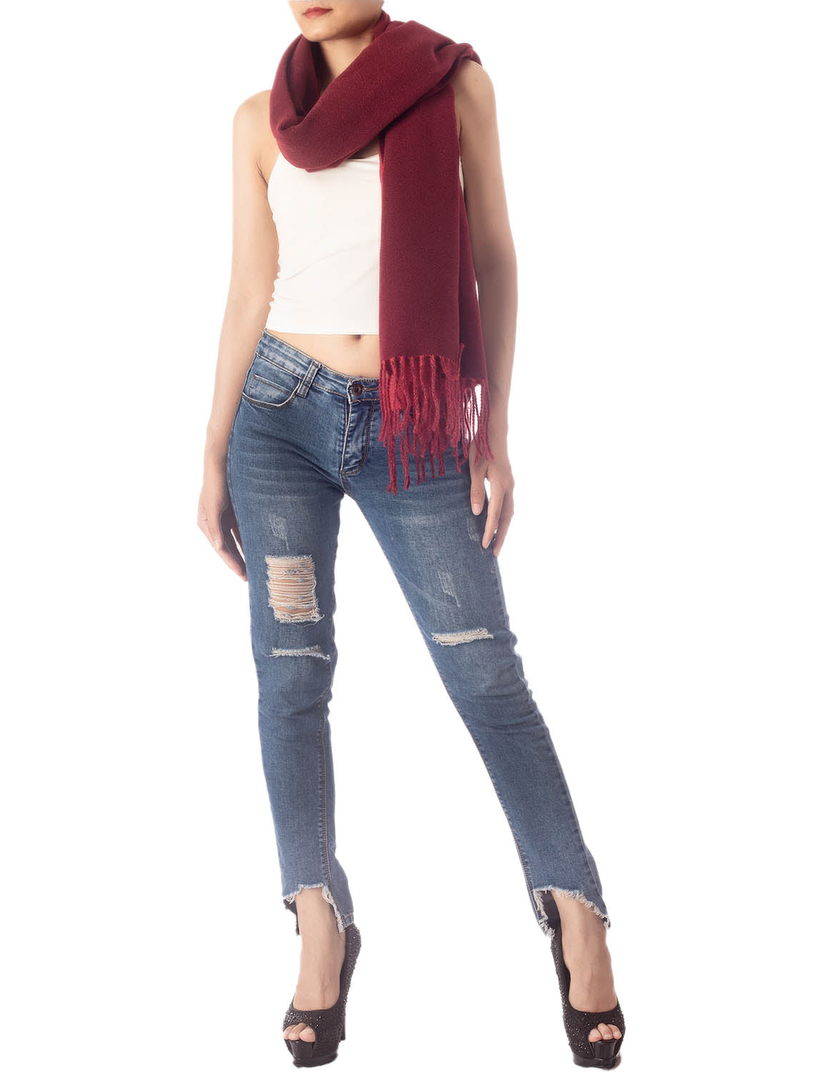 Women's Fringe Tassel Warm Oversized Large Plain Pattern Wrap Scarf