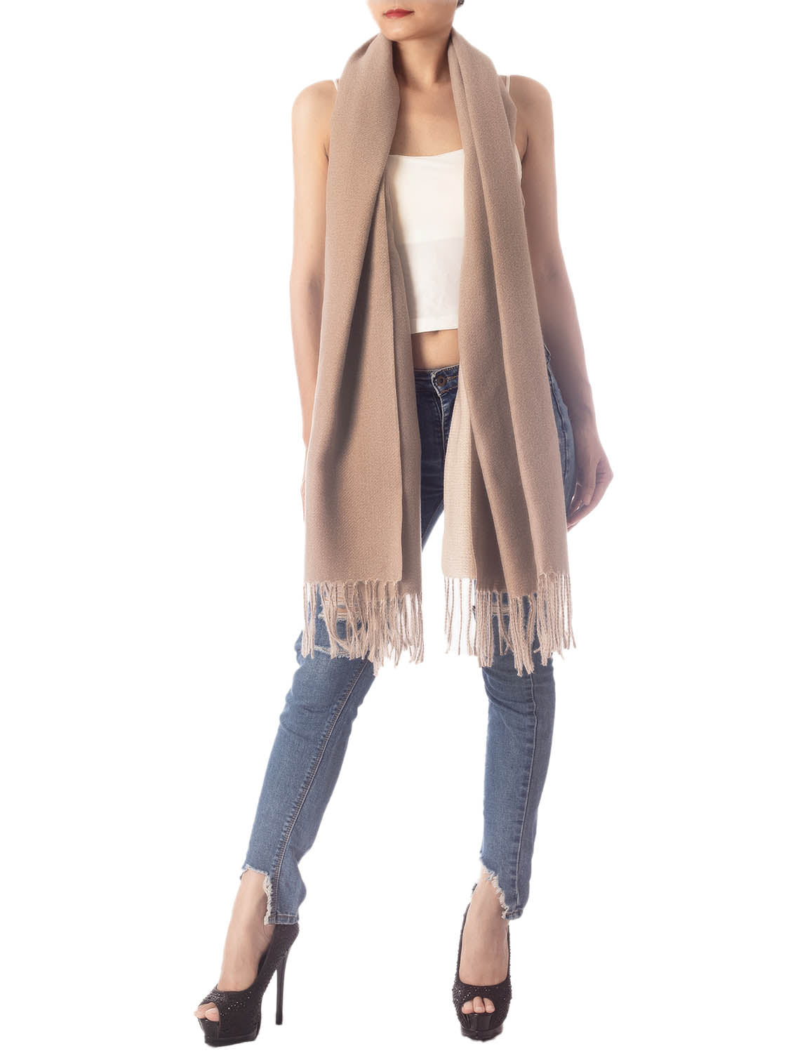 Women's Fringe Tassel Warm Oversized Large Plain Pattern Wrap Scarf