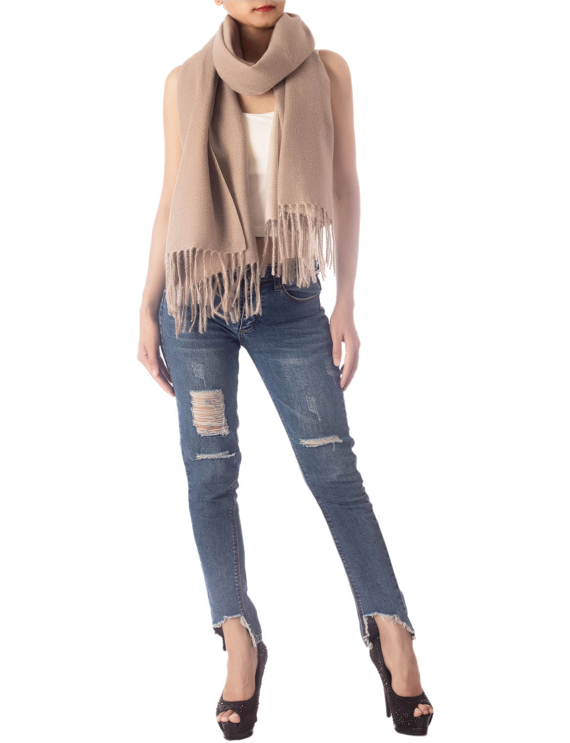 Women's Fringe Tassel Warm Oversized Large Plain Pattern Wrap Scarf
