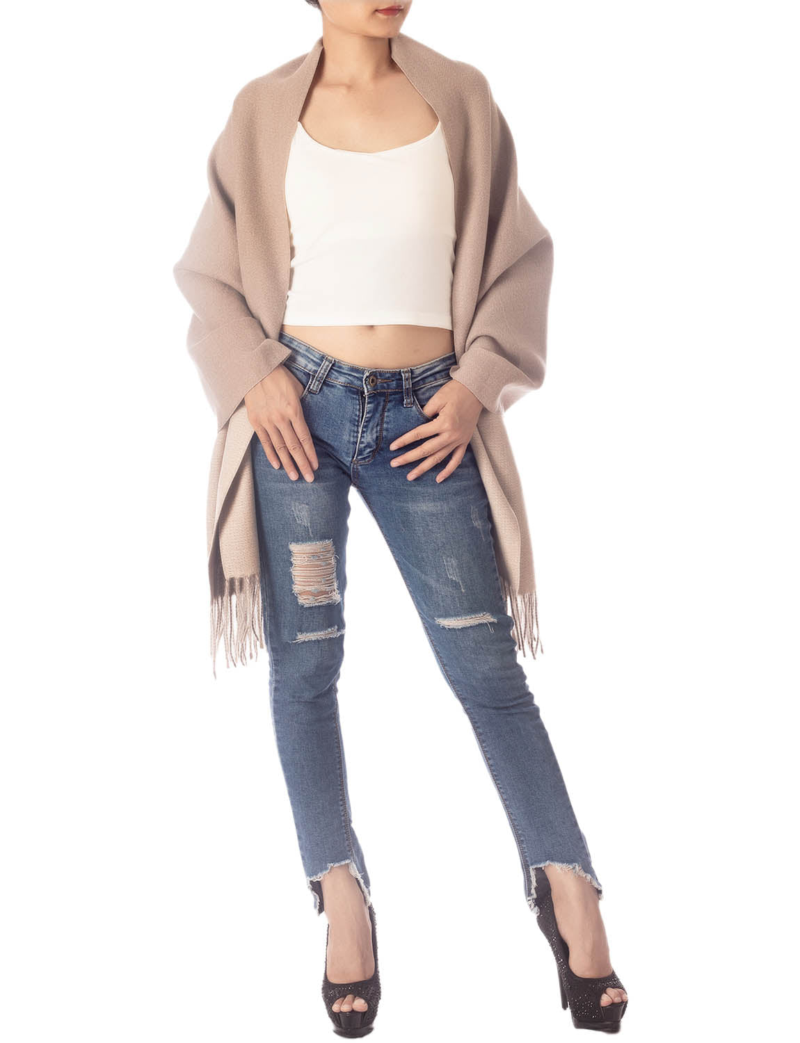 Women's Fringe Tassel Warm Oversized Large Plain Pattern Wrap Scarf