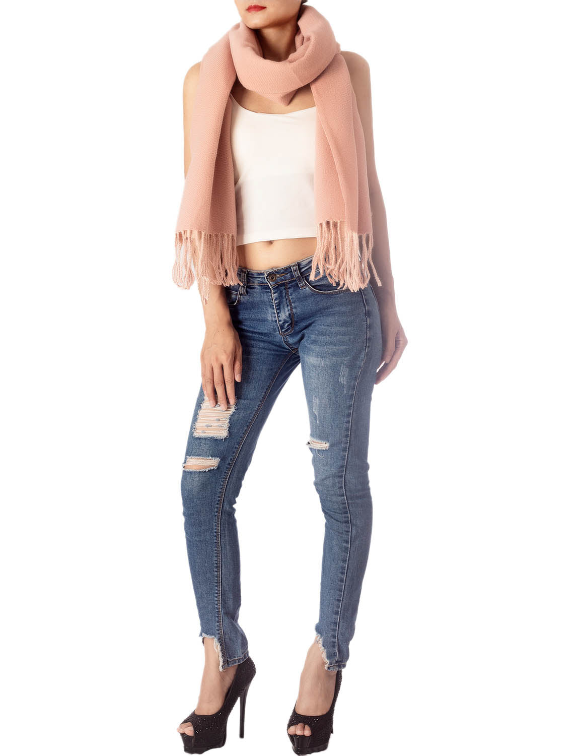 Women's Fringe Tassel Warm Oversized Large Plain Pattern Wrap Scarf