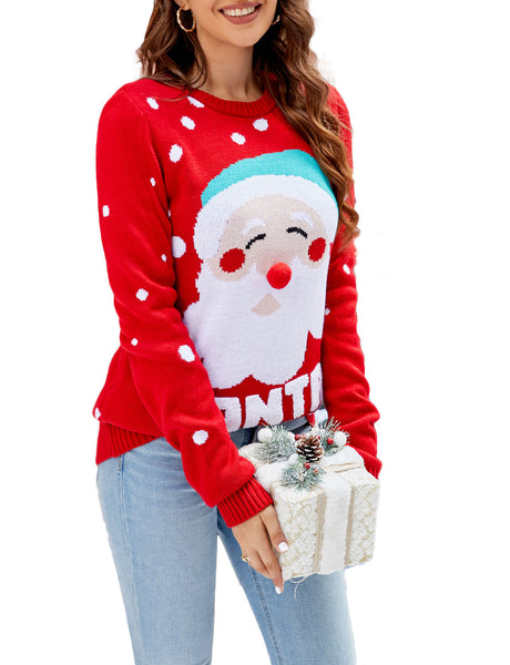 Women's Christmas Santa Claus Casual Top Long Sleeve Pullover Sweater