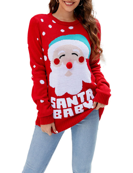 Women's Christmas Santa Claus Casual Top Long Sleeve Pullover Sweater