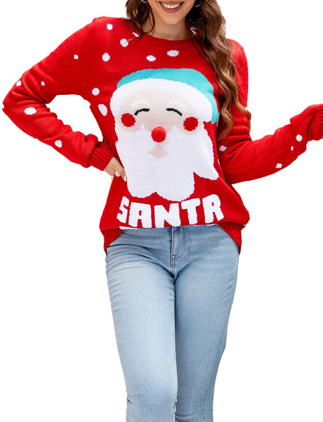 Women's Christmas Santa Claus Casual Top Long Sleeve Pullover Sweater