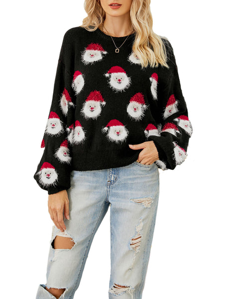 Women's Casual Christmas Top Santa Claus Long Sleeve Pullover Sweater