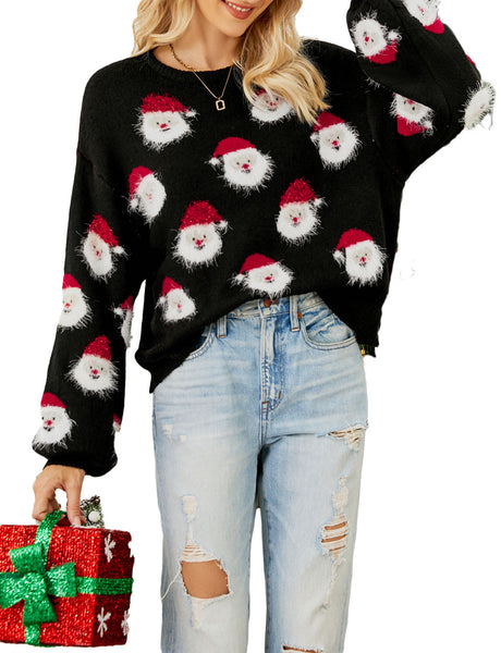 Women's Casual Christmas Top Santa Claus Long Sleeve Pullover Sweater
