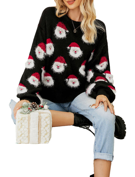 Women's Casual Christmas Top Santa Claus Long Sleeve Pullover Sweater
