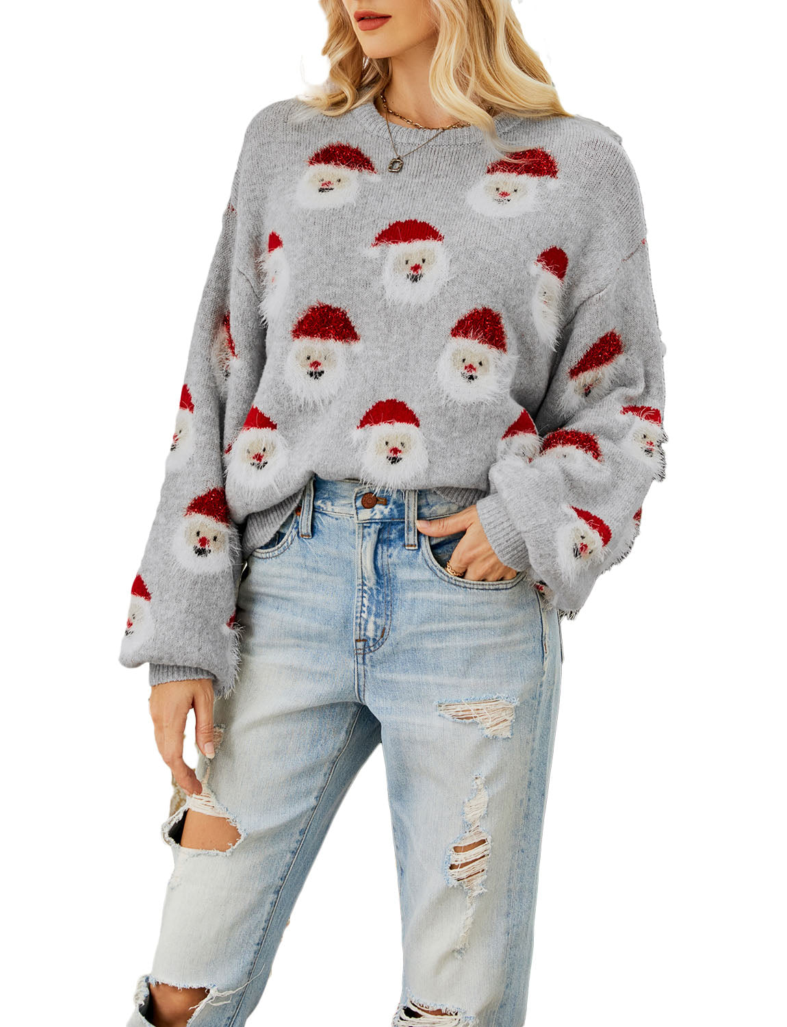Women's Casual Christmas Top Santa Claus Long Sleeve Pullover Sweater