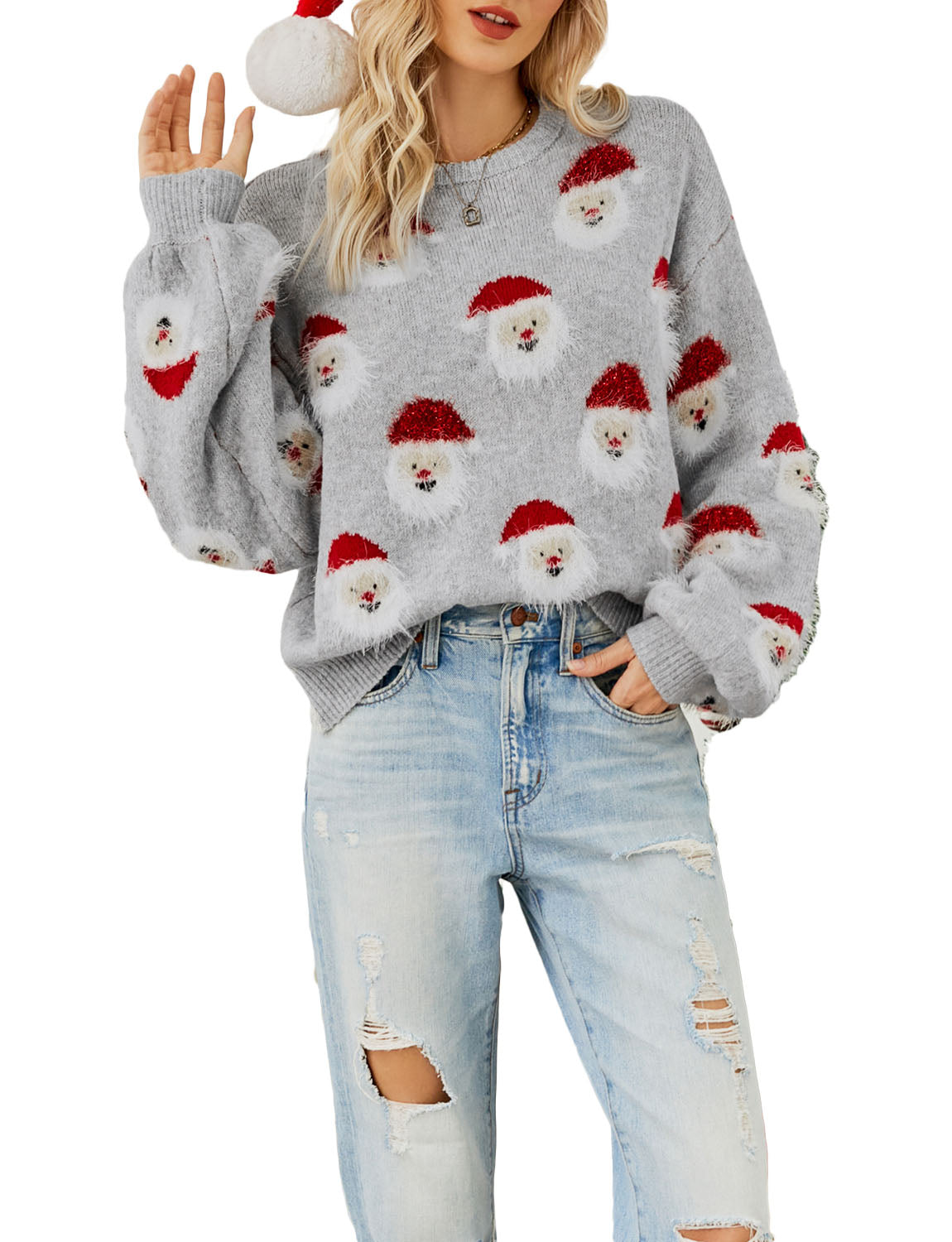 Women's Casual Christmas Top Santa Claus Long Sleeve Pullover Sweater