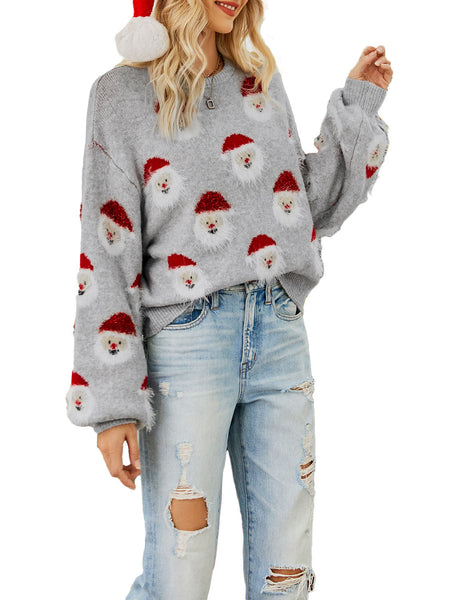 Women's Casual Christmas Top Santa Claus Long Sleeve Pullover Sweater