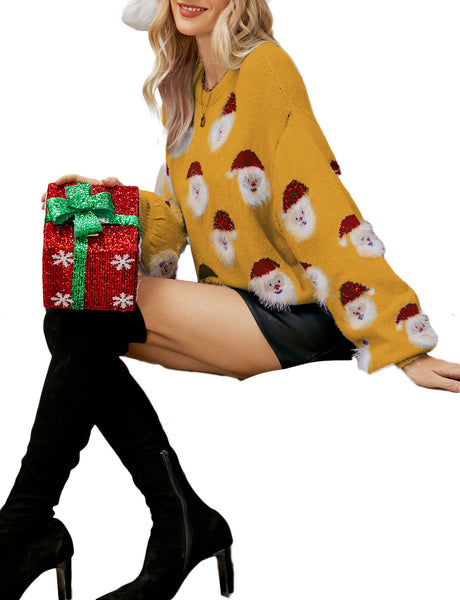 Women's Casual Christmas Top Santa Claus Long Sleeve Pullover Sweater