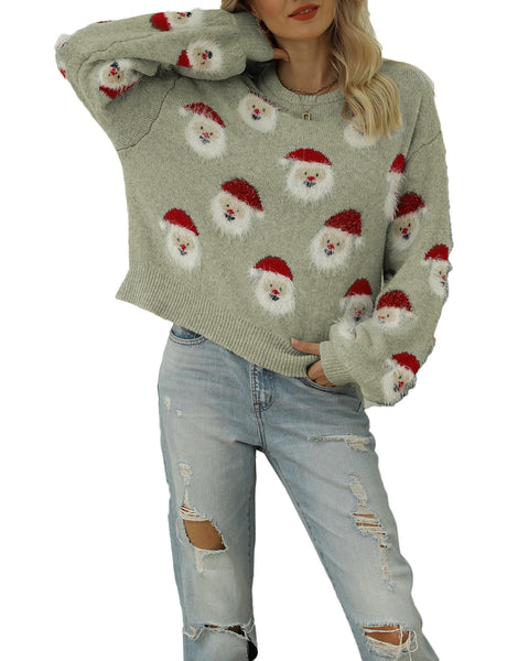 Women's Casual Christmas Top Santa Claus Long Sleeve Pullover Sweater