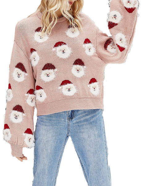 Women's Casual Christmas Top Santa Claus Long Sleeve Pullover Sweater