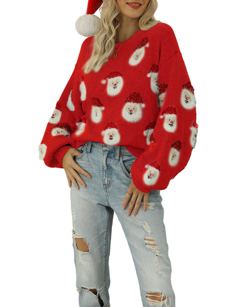 Women's Casual Christmas Top Santa Claus Long Sleeve Pullover Sweater