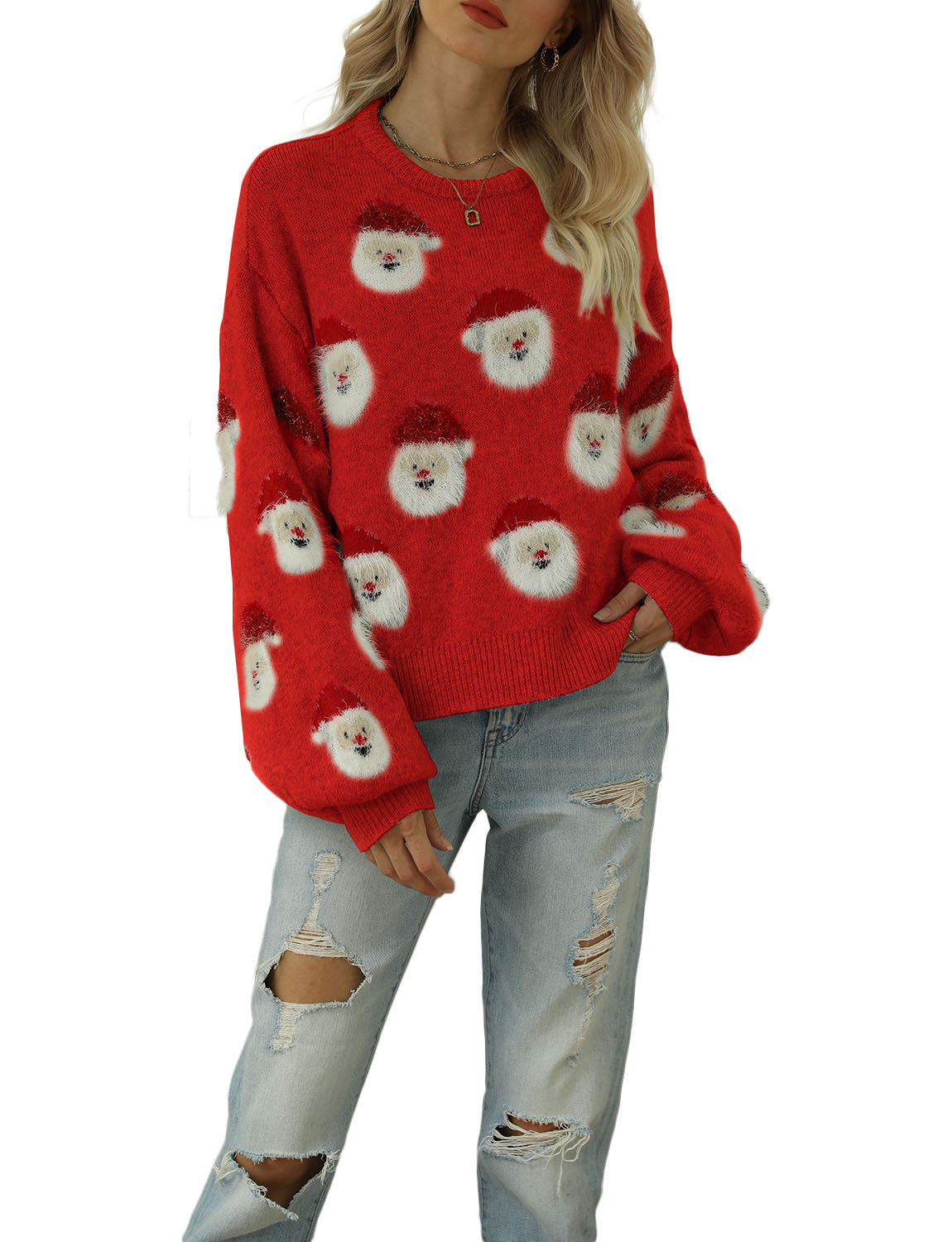 Women's Casual Christmas Top Santa Claus Long Sleeve Pullover Sweater