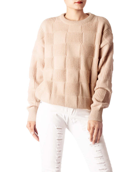 Women's Cozy Casual Top Long Sleeve Soft Checkered Pullover Sweater