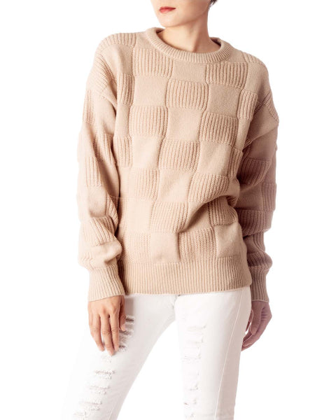 Women's Cozy Casual Top Long Sleeve Soft Checkered Pullover Sweater
