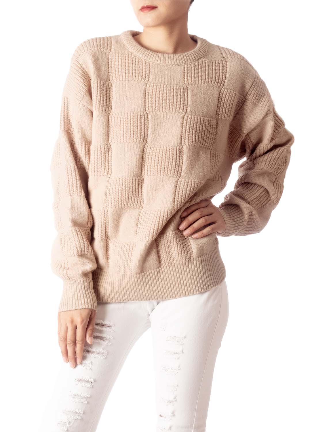 Women's Cozy Casual Top Long Sleeve Soft Checkered Pullover Sweater