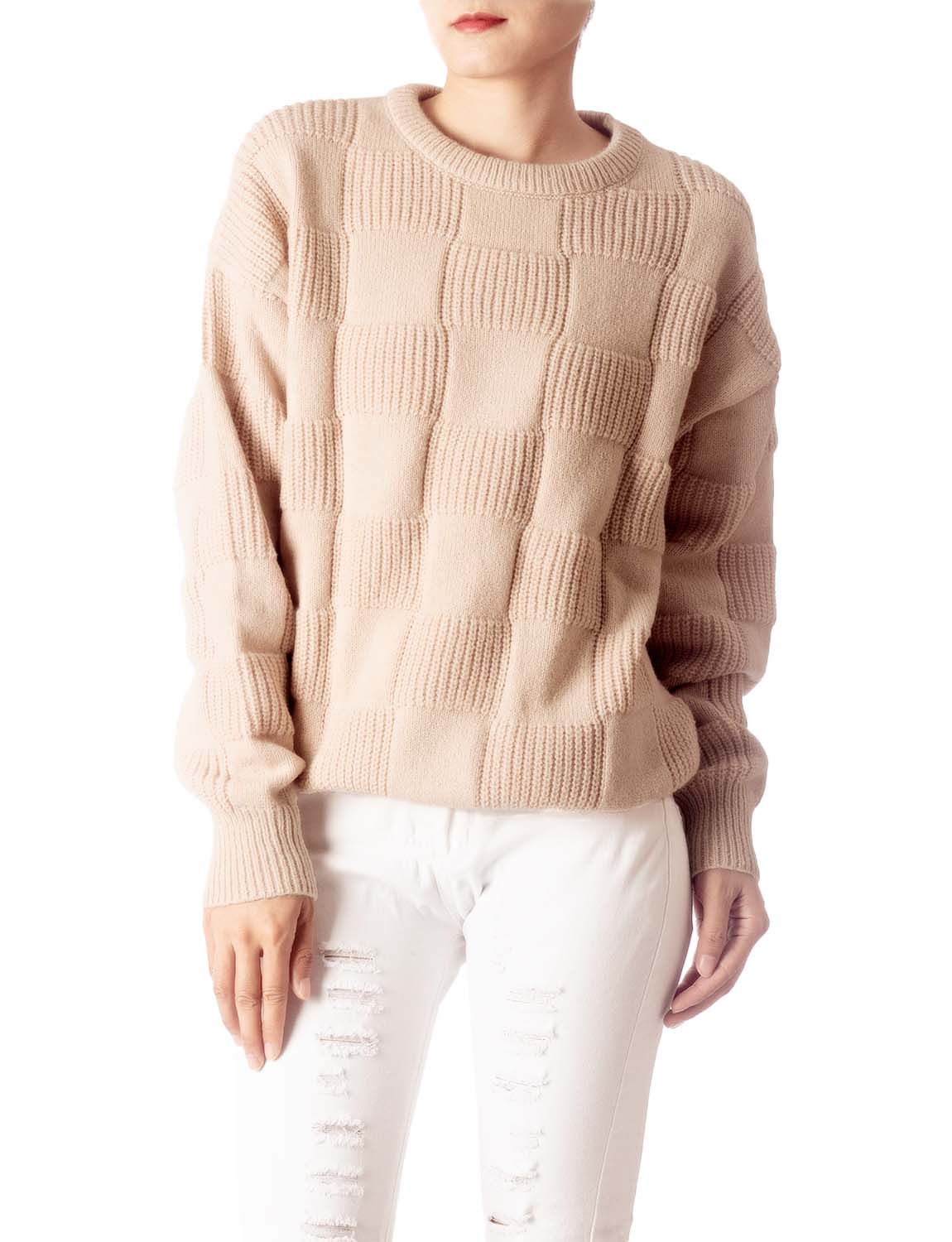Women's Cozy Casual Top Long Sleeve Soft Checkered Pullover Sweater