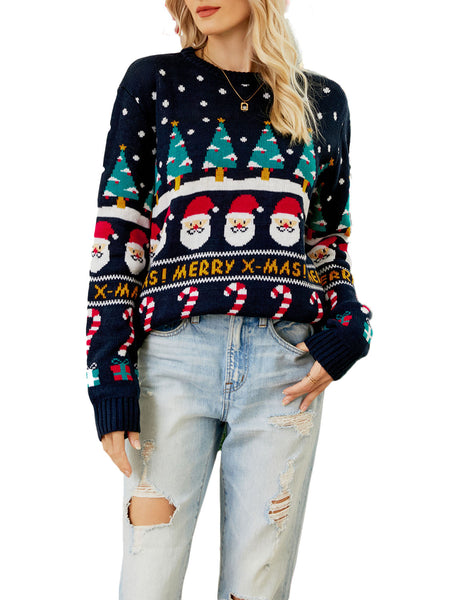 Women's Cozy Christmas Top Santa Claus Long Sleeve Pullover Sweater
