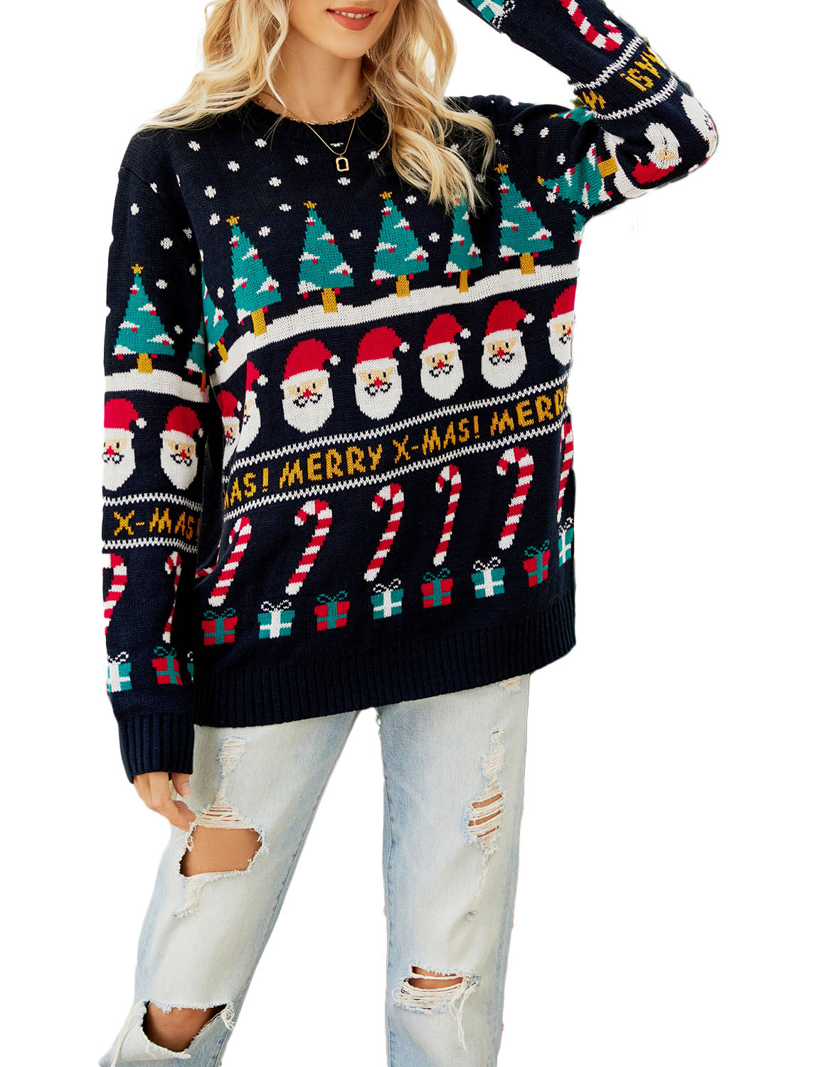 Women's Cozy Christmas Top Santa Claus Long Sleeve Pullover Sweater