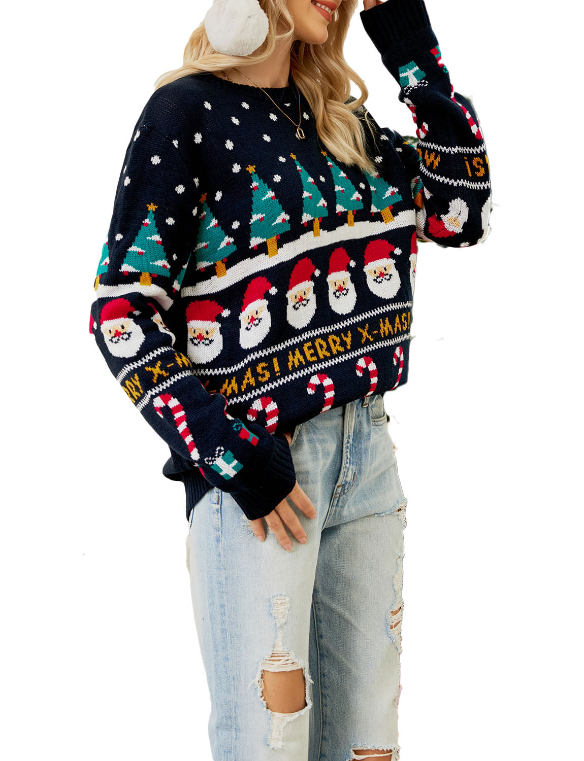 Women's Cozy Christmas Top Santa Claus Long Sleeve Pullover Sweater