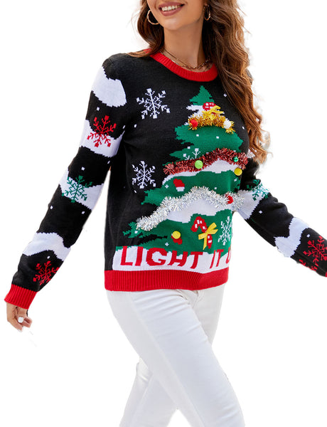 Women's Casual Christmas Tree Top Cozy Long Sleeve Pullover Sweater