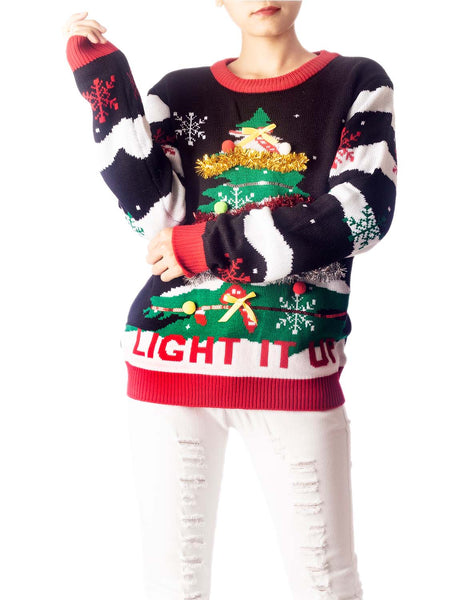 Women's Casual Christmas Tree Top Cozy Long Sleeve Pullover Sweater