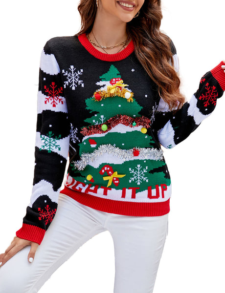 Women's Casual Christmas Tree Top Cozy Long Sleeve Pullover Sweater