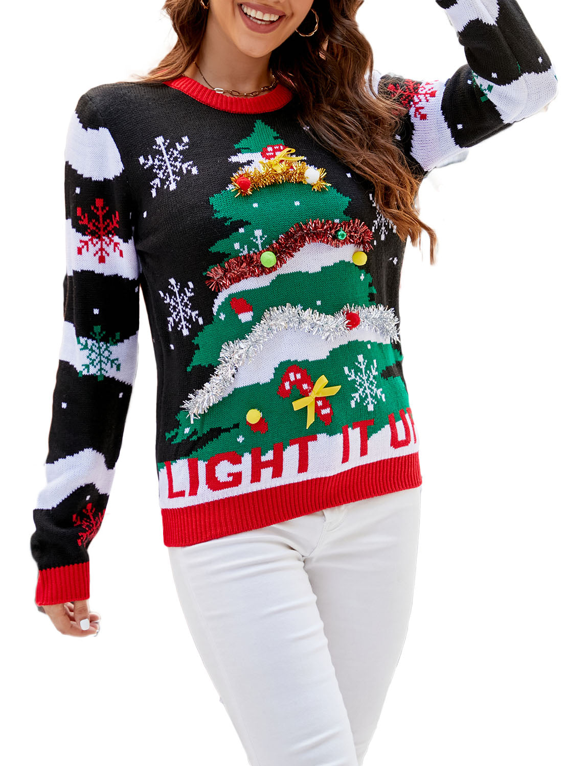 Women's Casual Christmas Tree Top Cozy Long Sleeve Pullover Sweater