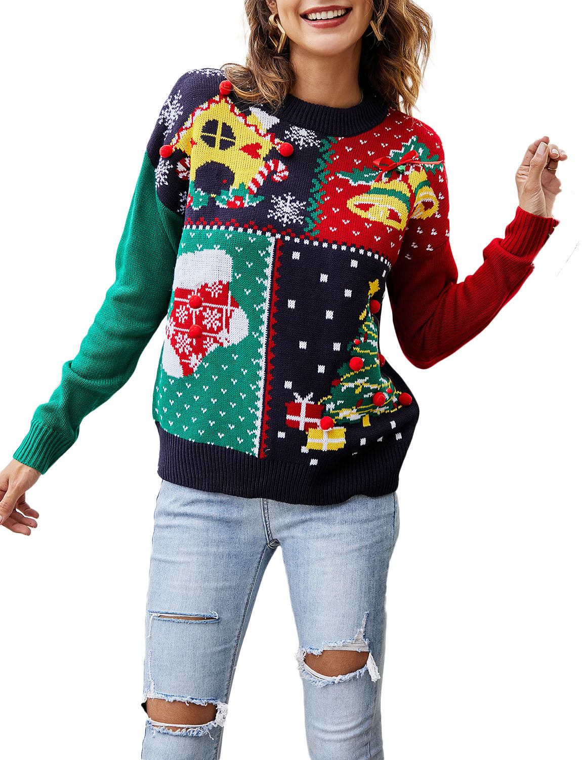 Women's Casual Stitching Pattern Christmas Top Long Sleeve Pullover Sweater