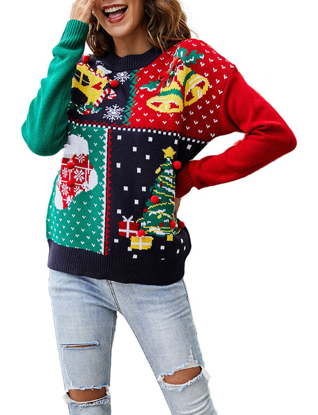 Women's Casual Stitching Pattern Christmas Top Long Sleeve Pullover Sweater
